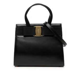 Salvatore Ferragamo Vara Ribbon Shoulder Bag Handbag Black Gold Leather